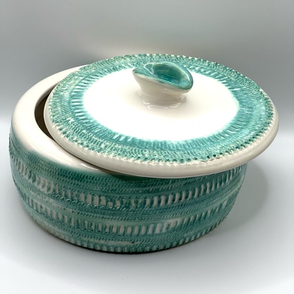 Vintage 1961 Handmade Ceramic Pottery Bowl w/Lid Turquoise/White MCM Signed - Picture 14 of 16